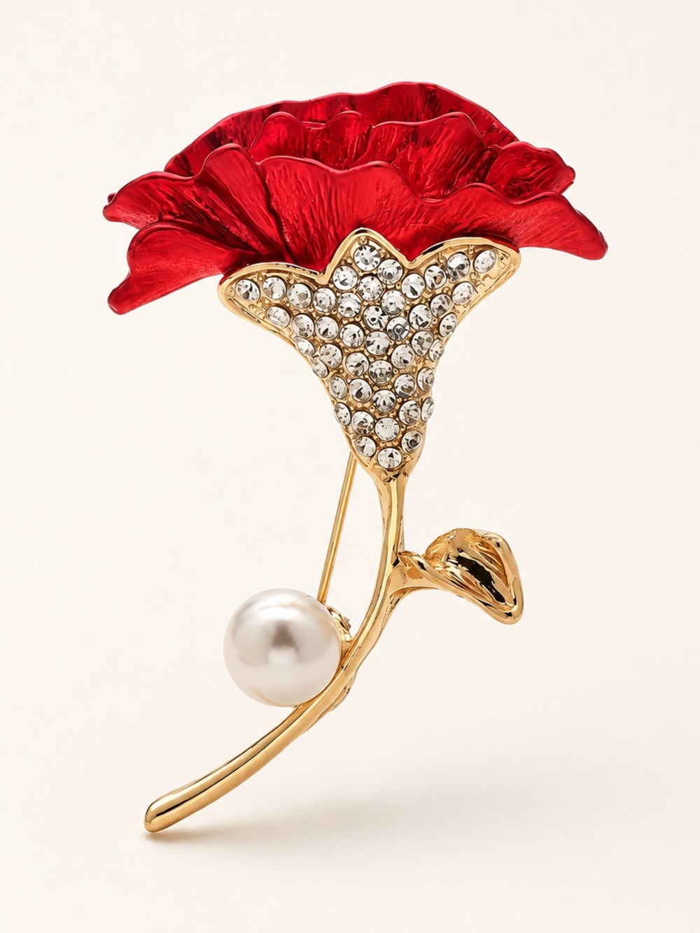 Red Poppy Flower Brooch with Pearl Accent